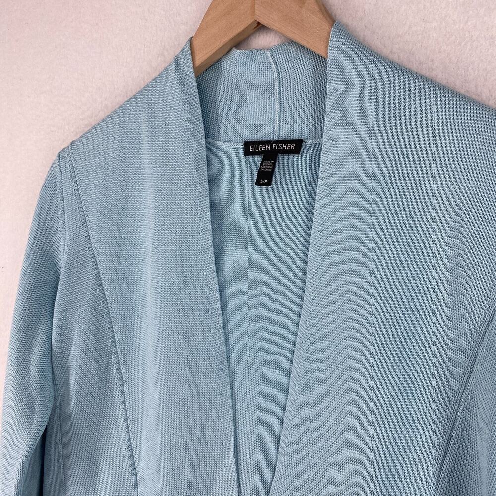 EILEEN FISHER Cardigan S Silk Organic Cotton Interlock Blazer Open Front Blue - Picture 2 of 15